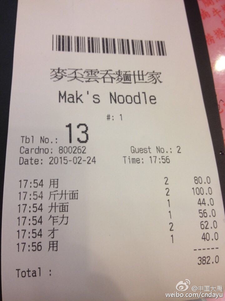 Meal receipt, All in HKD (Hong Kong Dollars). Hong Kong sti…